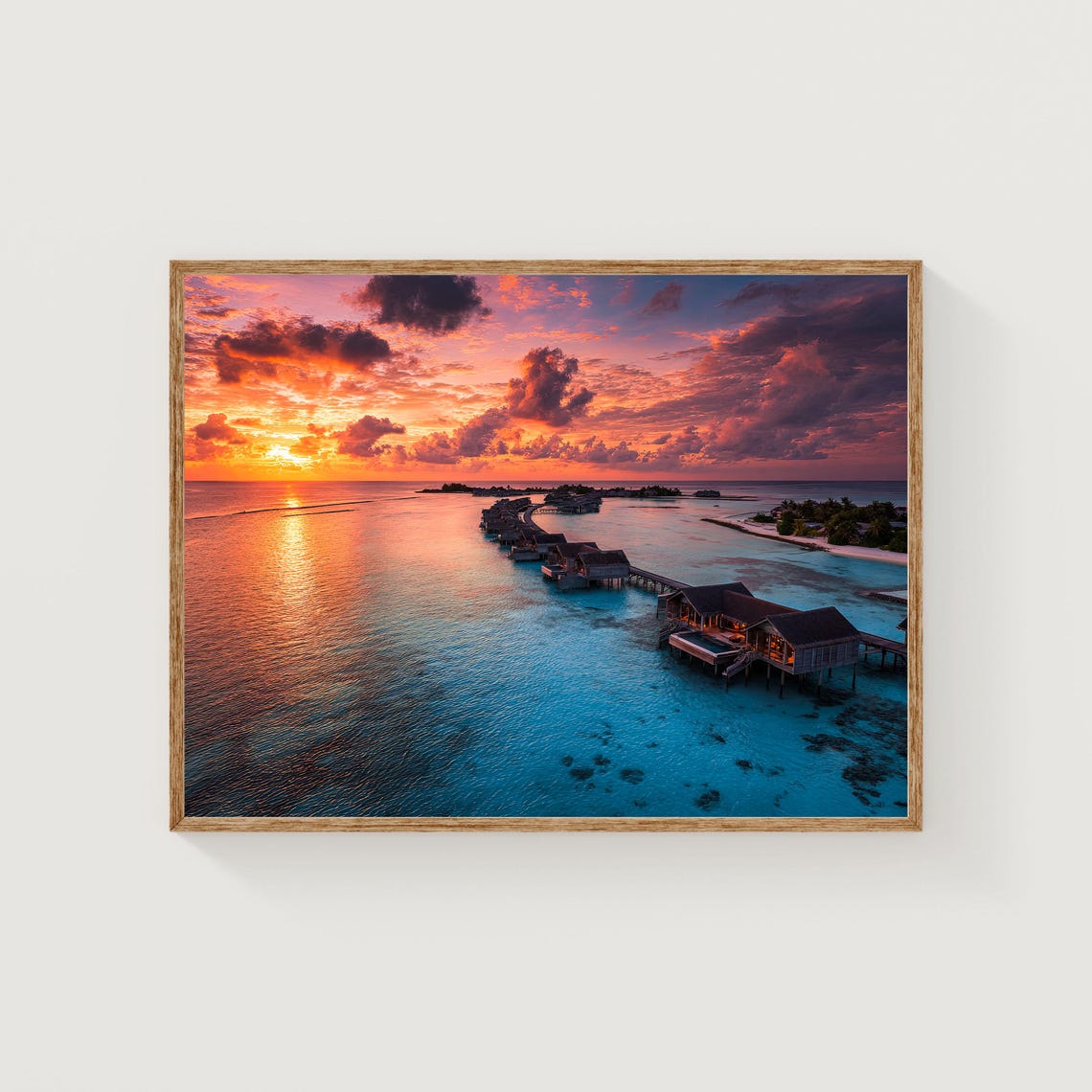 Maldives Sunset Aerial Print Tropical Island Overwater Villas