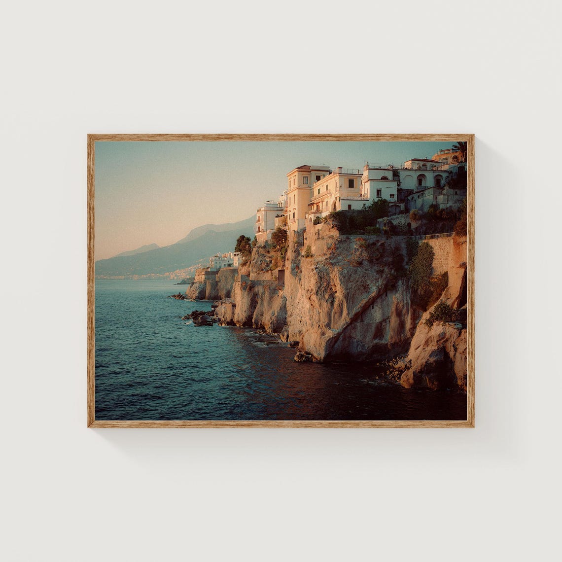 Mediterranean Coastal Town Cliffs Golden Hour Ocean Photo Poster