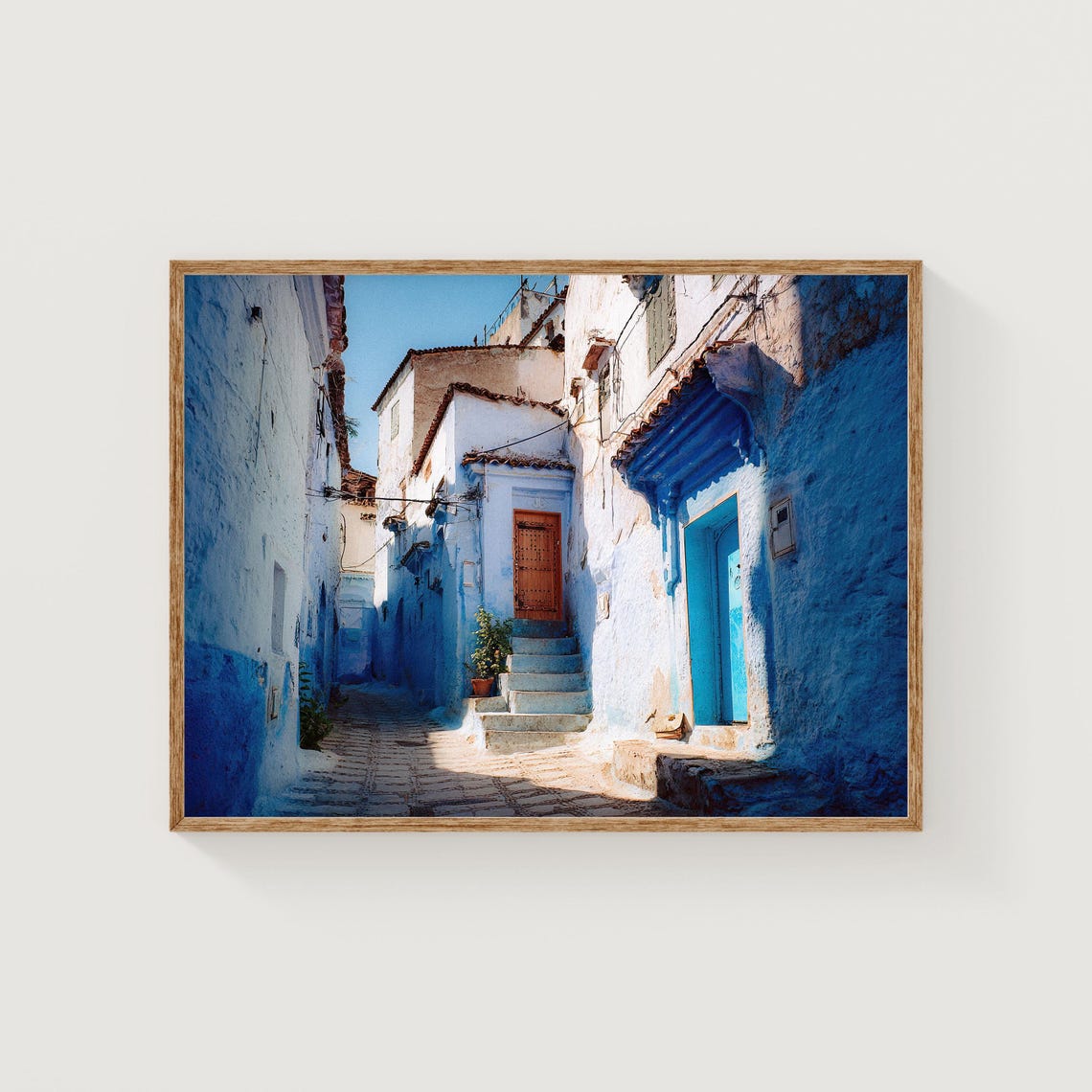 Chefchaouen Morocco Sunlit Blue City Street Photography Print