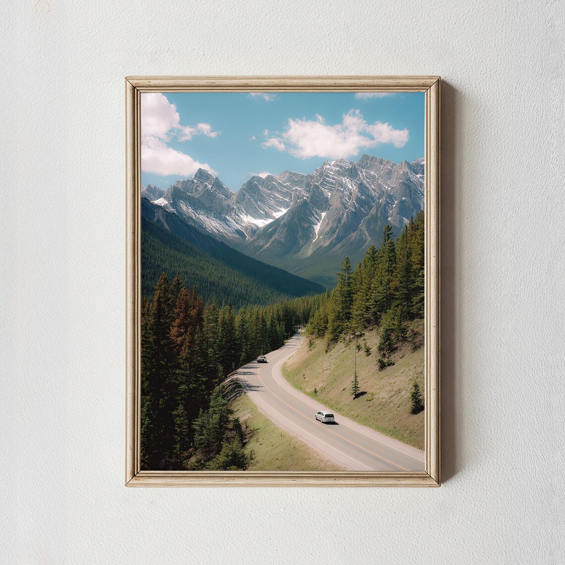 Alpine Mountain Road Photography Print Snowy Peaks Evergreen Forest