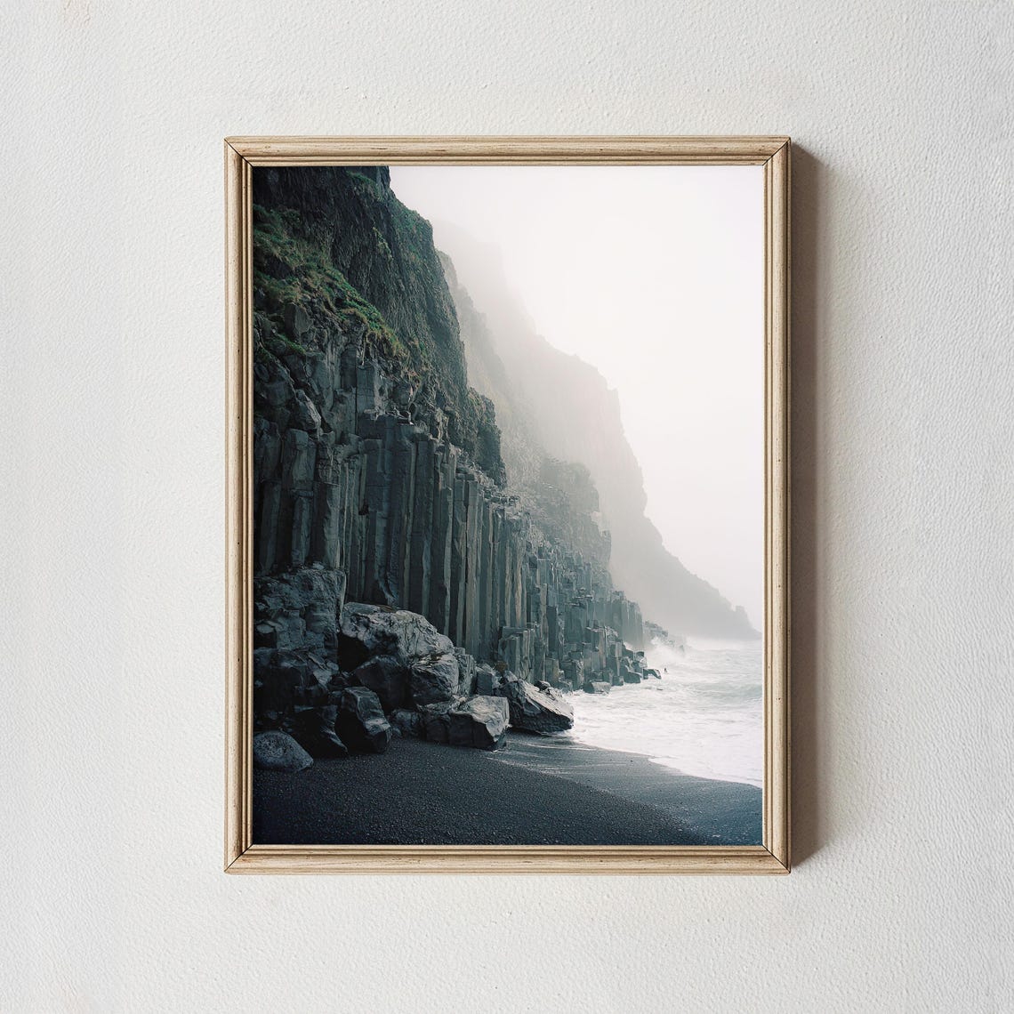 Misty Black Sand Beach Basalt Cliffs Dramatic Coastal Poster