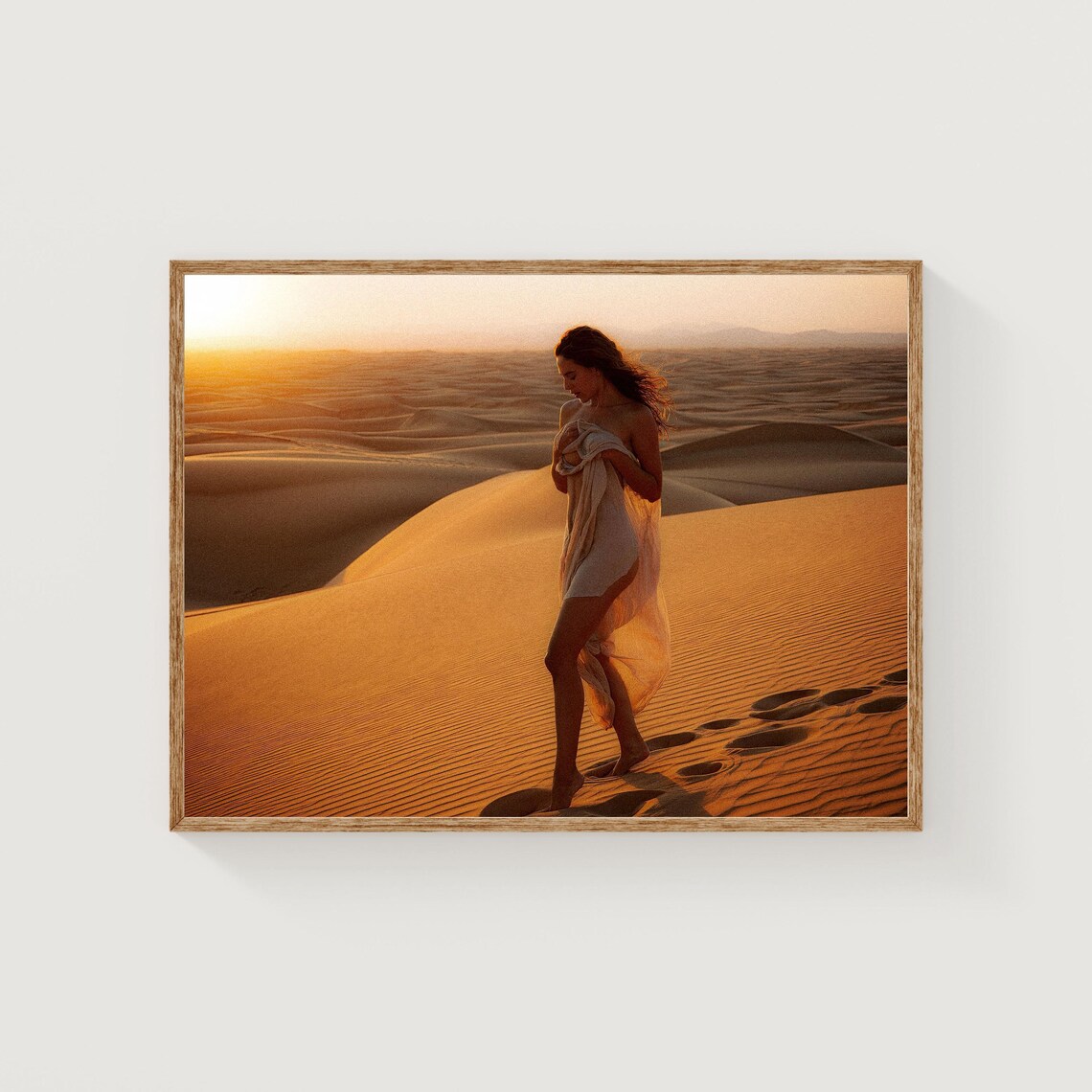 Woman Desert Sand Dunes Sunset Flowing Dress Golden Photo Poster