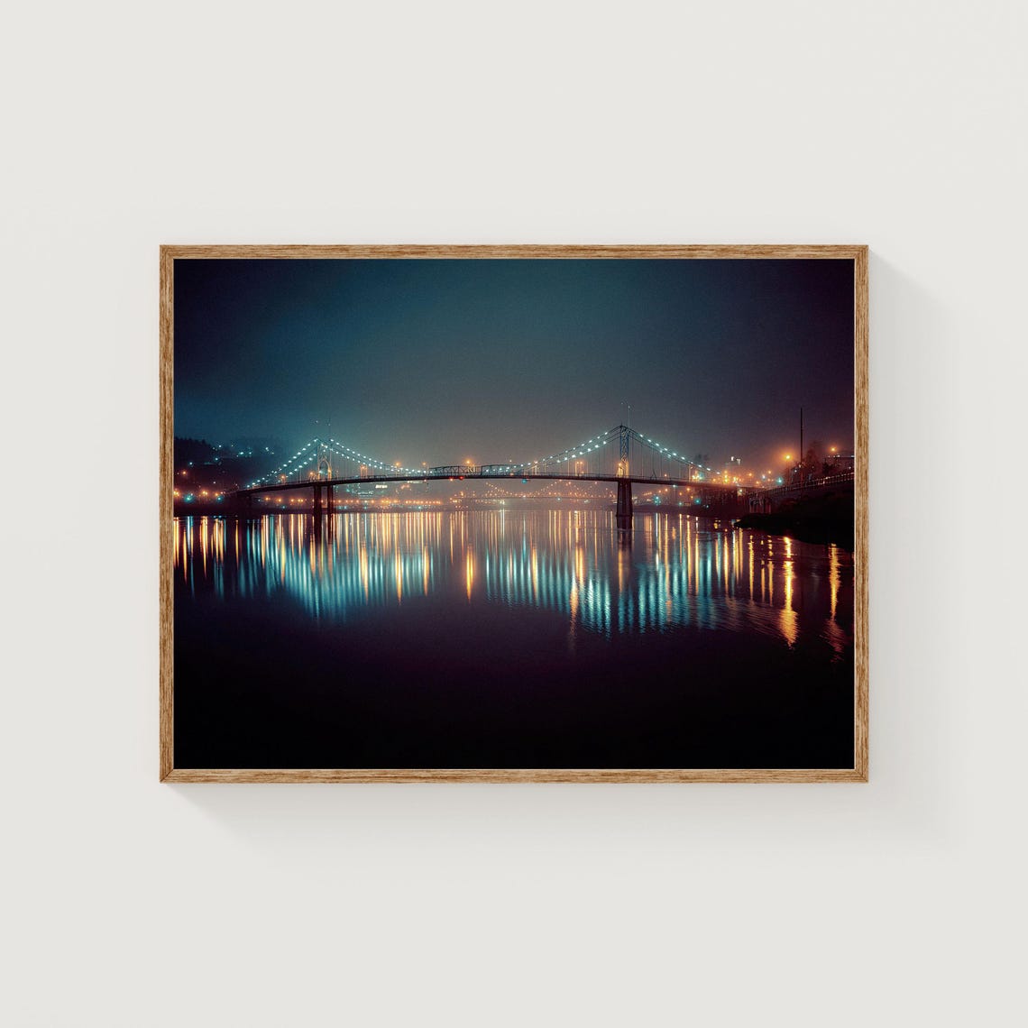 Illuminated Suspension Bridge Night River Lights Reflection Art Poster