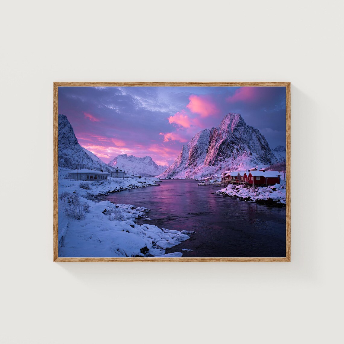 Lofoten Norway Pink Arctic Sunset Snowy Fjord Village Photo Poster