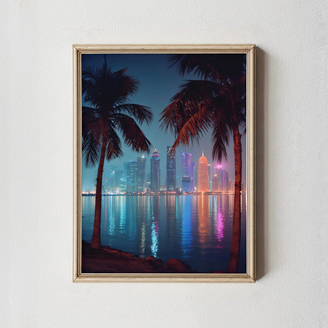 Doha Qatar Neon Night Skyline Palm Silhouette Photography Poster