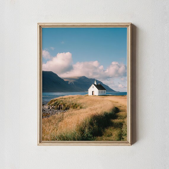 Nordic Coastal White Church Minimal Landscape Photography Print
