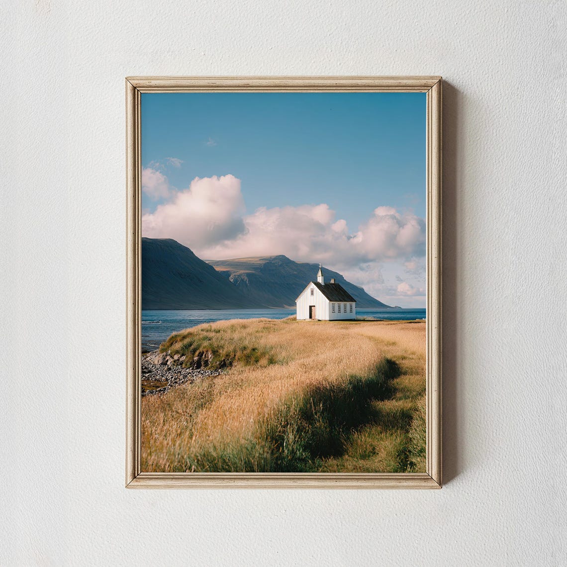 Nordic Coastal White Church Minimal Landscape Photography Print