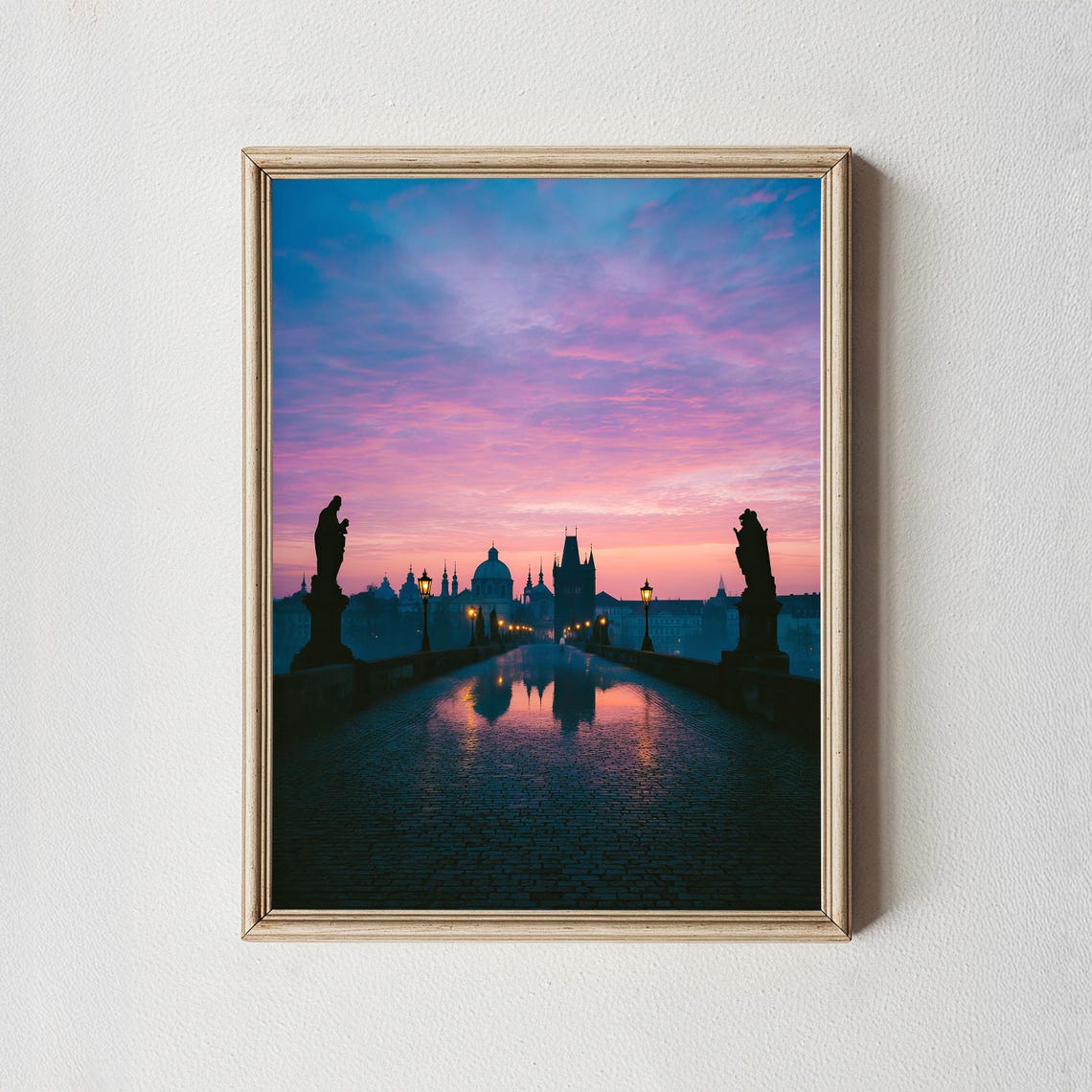 Charles Bridge Prague Pink Sunrise Photography Silhouette Poster