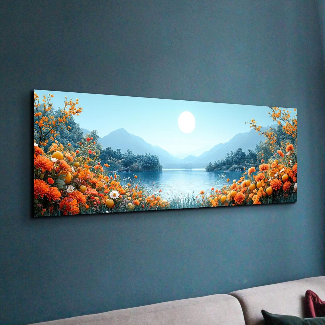 Panoramic Mountain Lake With Orange Wildflowers Under a Bright Sun Poster