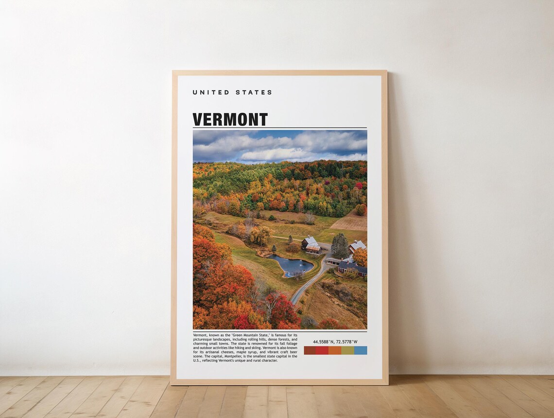 Vermont Autumn Foliage Farm Aerial View Minimalist Travel Print