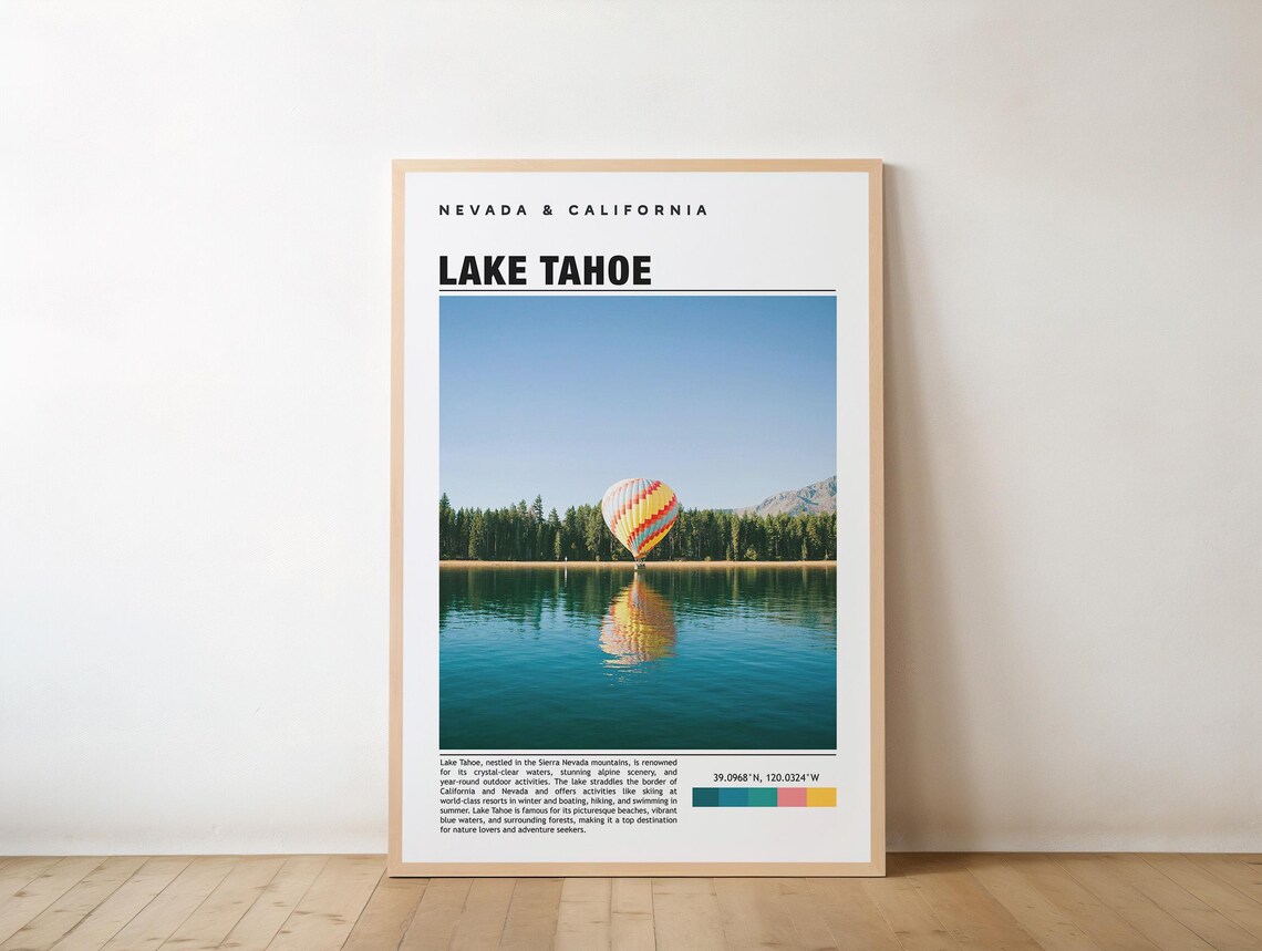 Serene Lake Tahoe Travel Hot Air Balloon Over Blue Water Poster