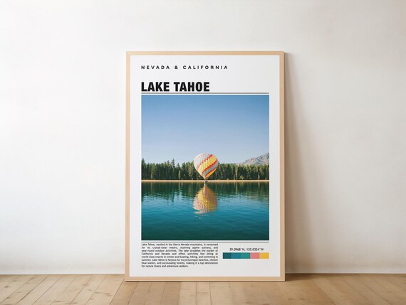 Serene Lake Tahoe Travel Hot Air Balloon Over Blue Water Poster