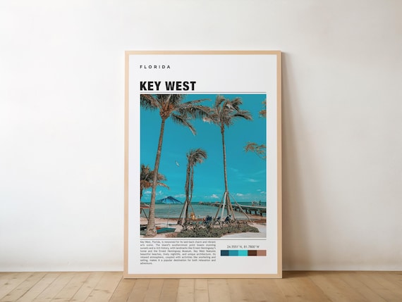 Key West Florida Travel Poster Palm Trees Beach Turquoise Sky View