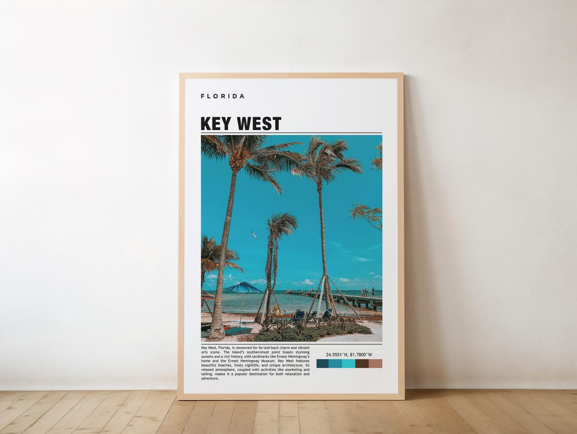 Key West Florida Travel Poster Palm Trees Beach Turquoise Sky View