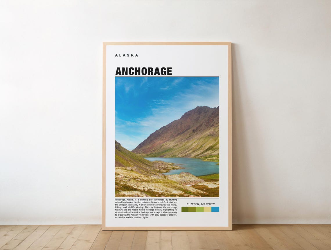 Anchorage Alaska Travel Poster with a Mountain Lake Valley View