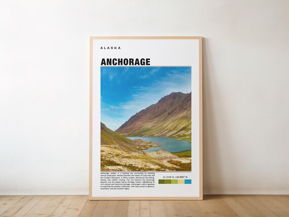 Anchorage Alaska Travel Poster with a Mountain Lake Valley View