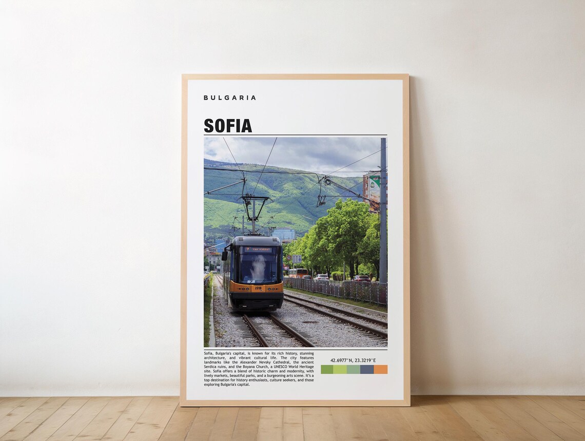Sofia Bulgaria Tram Mountain View Minimalist Travel Photo Poster