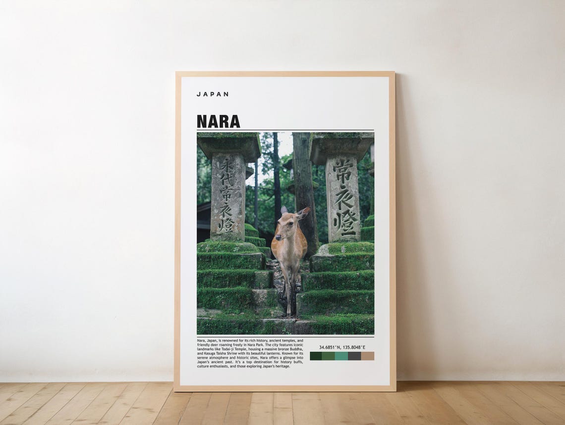 Nara Japan Sacred Deer Moss Stone Lanterns Travel Photo Poster