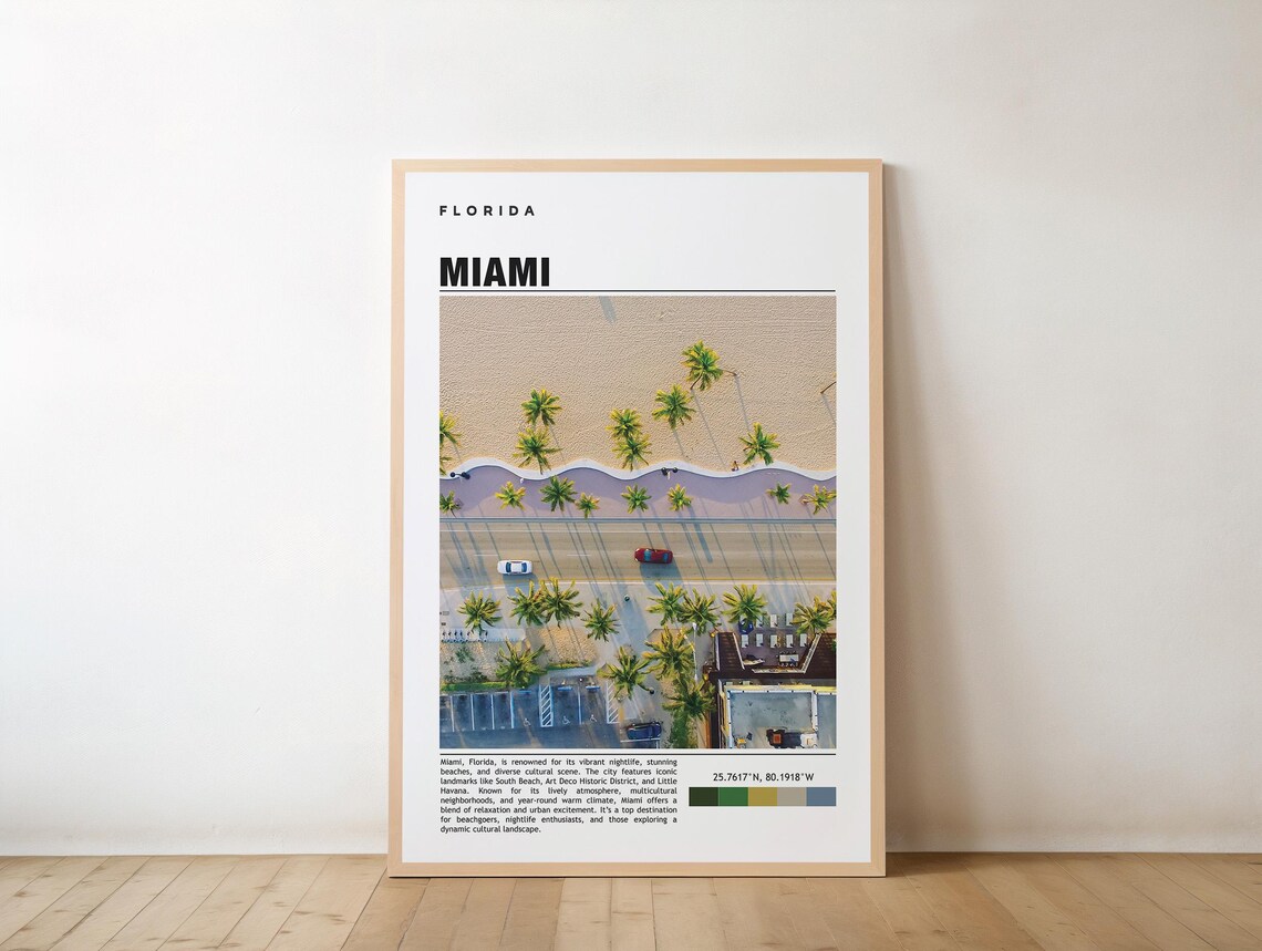 Miami Florida Aerial Beach Photo Travel Poster Palm Trees Scene