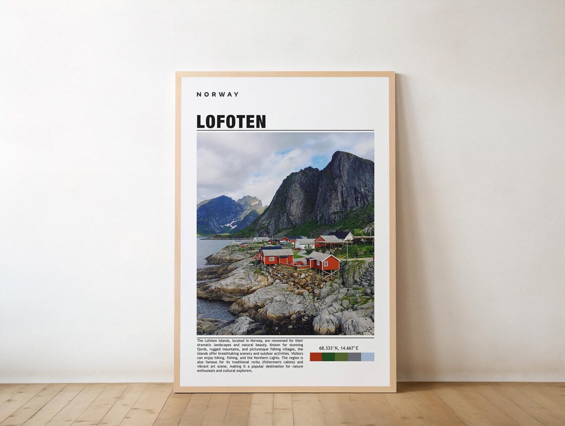 Lofoten Norway Red Cabins Mountain Fjord Arctic Travel Poster
