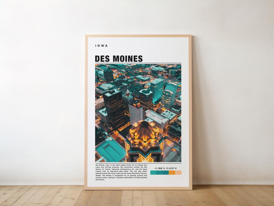 Des Moines Iowa Night Skyline Aerial City Lights Photo Poster