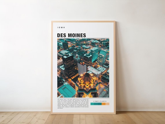 Des Moines Iowa Night Skyline Aerial City Lights Photo Poster