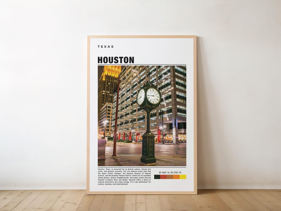 Houston Night Street Clock Downtown Texas City Lights Poster