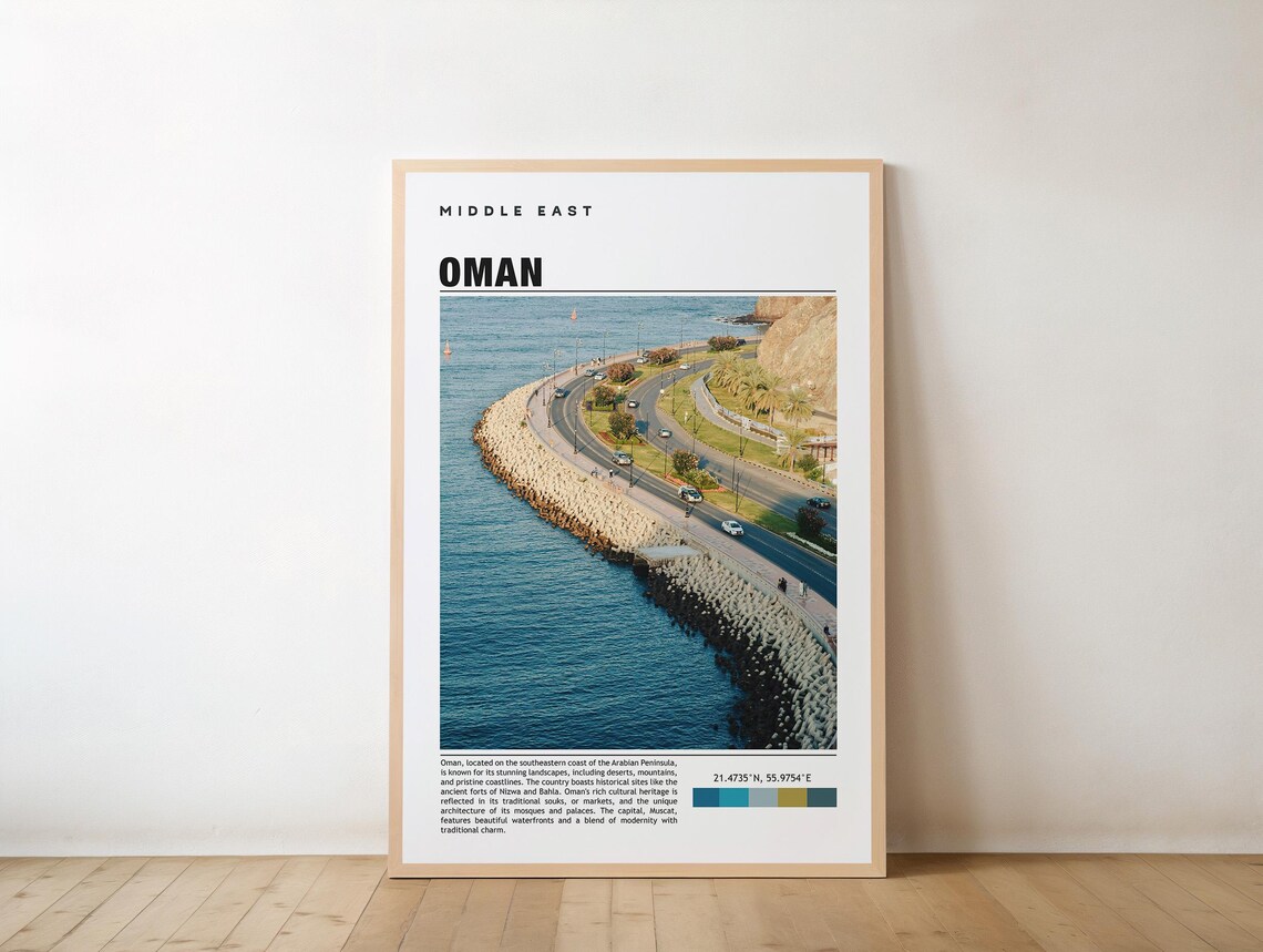 Oman Middle East Travel Poster with Scenic Coastal Highway Sea View