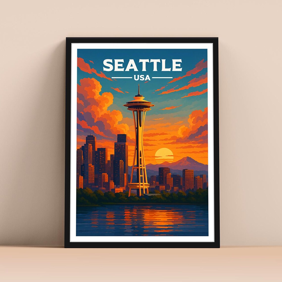 Seattle USA Space Needle Sunset Skyline Vintage Travel Poster
