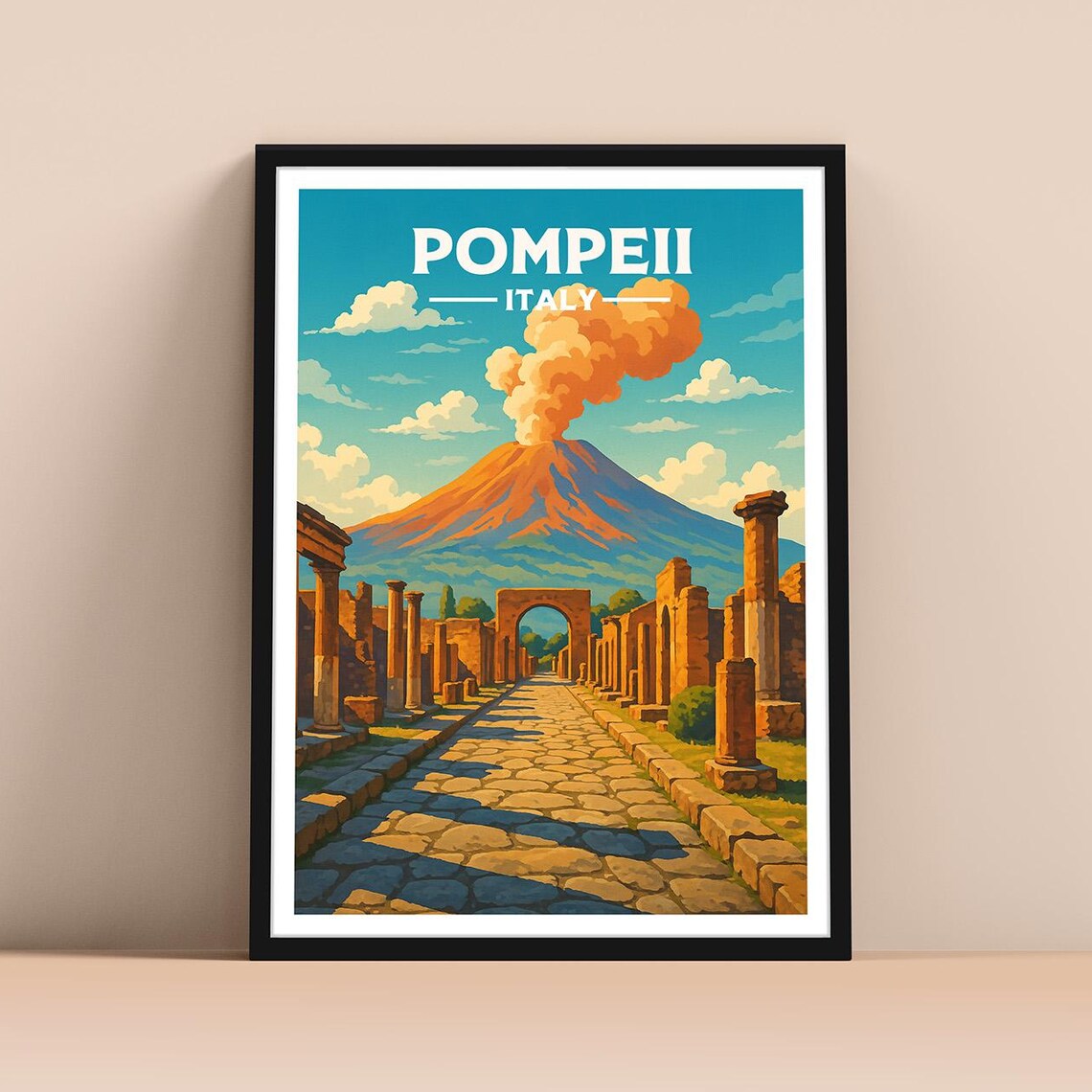 Pompeii Italy Travel Poster Ancient Ruins Mount Vesuvius Volcano Art