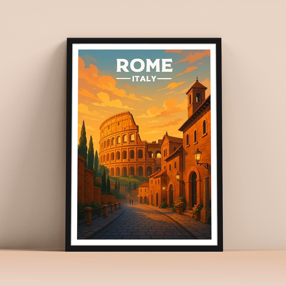 Rome Italy Travel Poster Colosseum Sunset Ancient Street Vintage View