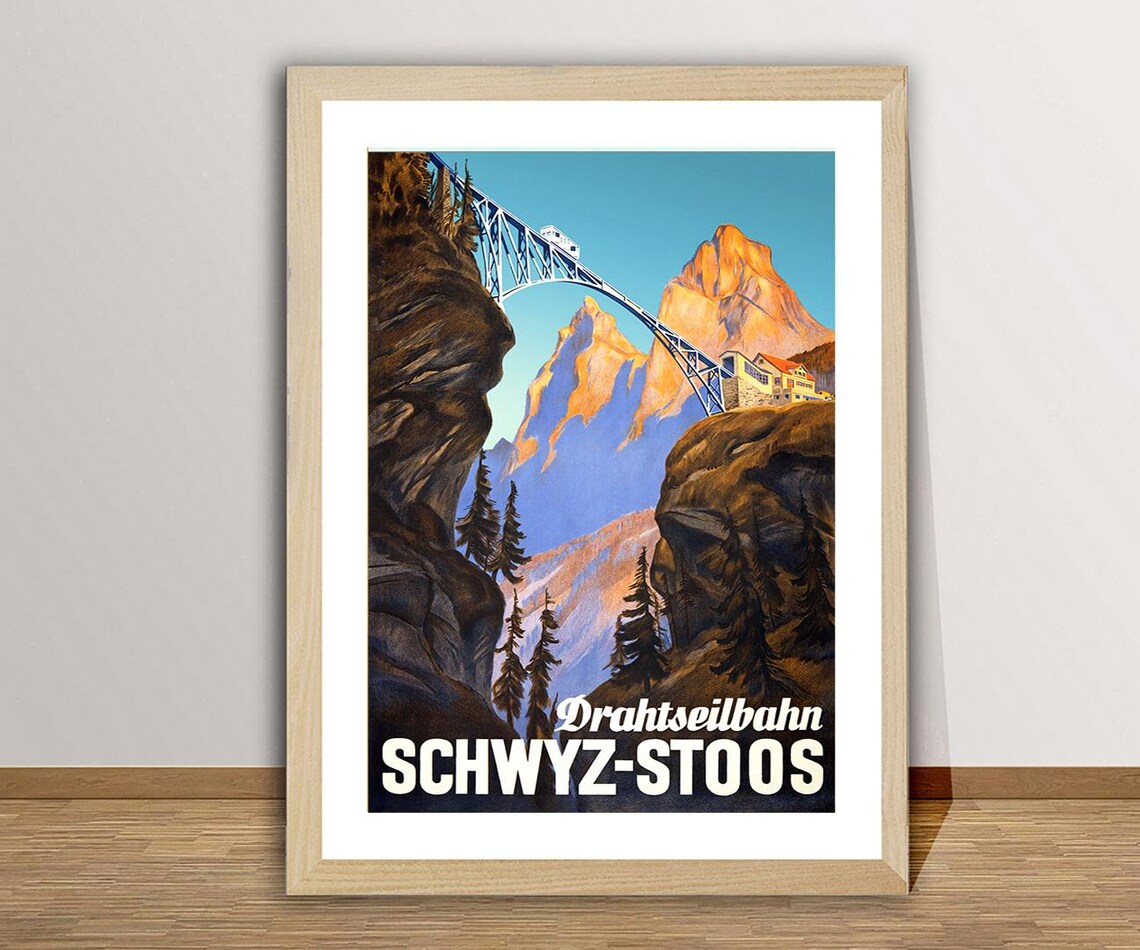 Drahtseilbahn Schwyz Stoos Suisse Vintage Travel Poster