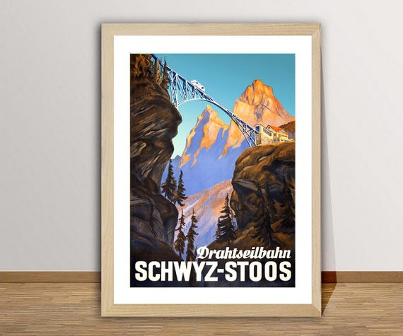 Drahtseilbahn Schwyz Stoos Suisse Vintage Travel Poster