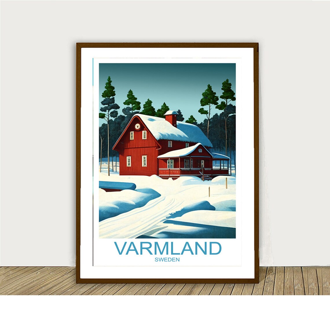 Varmland Sweden Snowy Red Cabin Winter Forest Vintage Travel Poster - Image 2