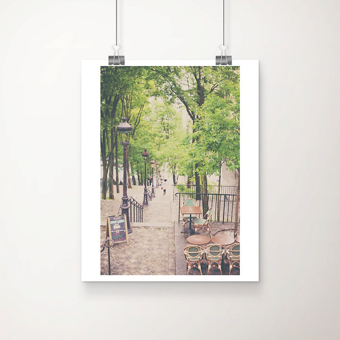 Paris Montmartre Cafe Steps Tree Lined Street Spring Photography Print