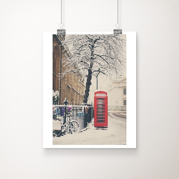 Cambridge England Red Telephone Box In Snow Winter Photo Poster