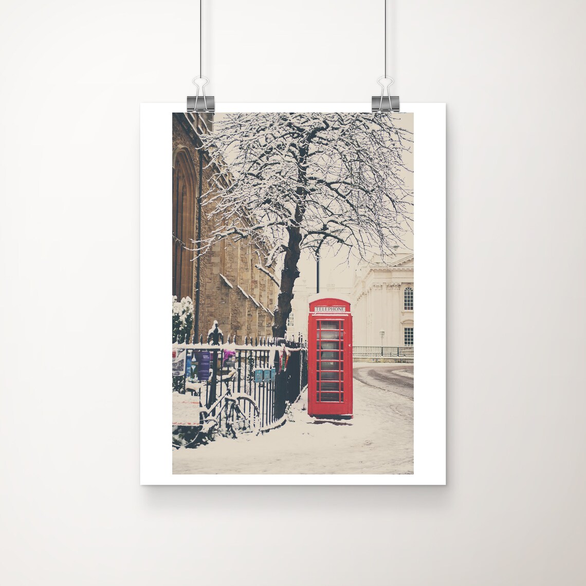 Cambridge England Red Telephone Box In Snow Winter Photo Poster