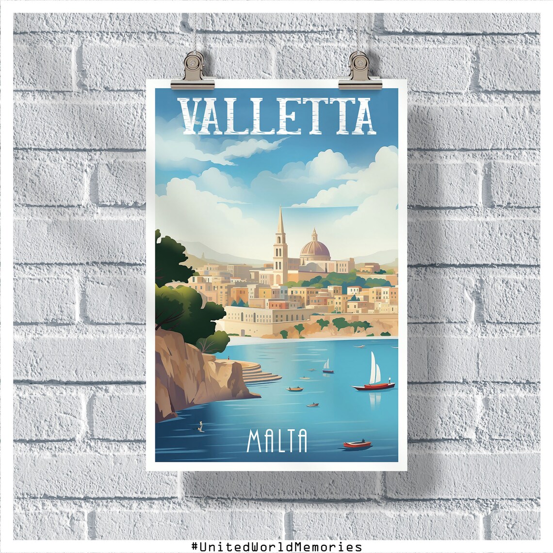 Valletta Malta Grand Harbor Sailboats Skyline Vintage Travel Poster