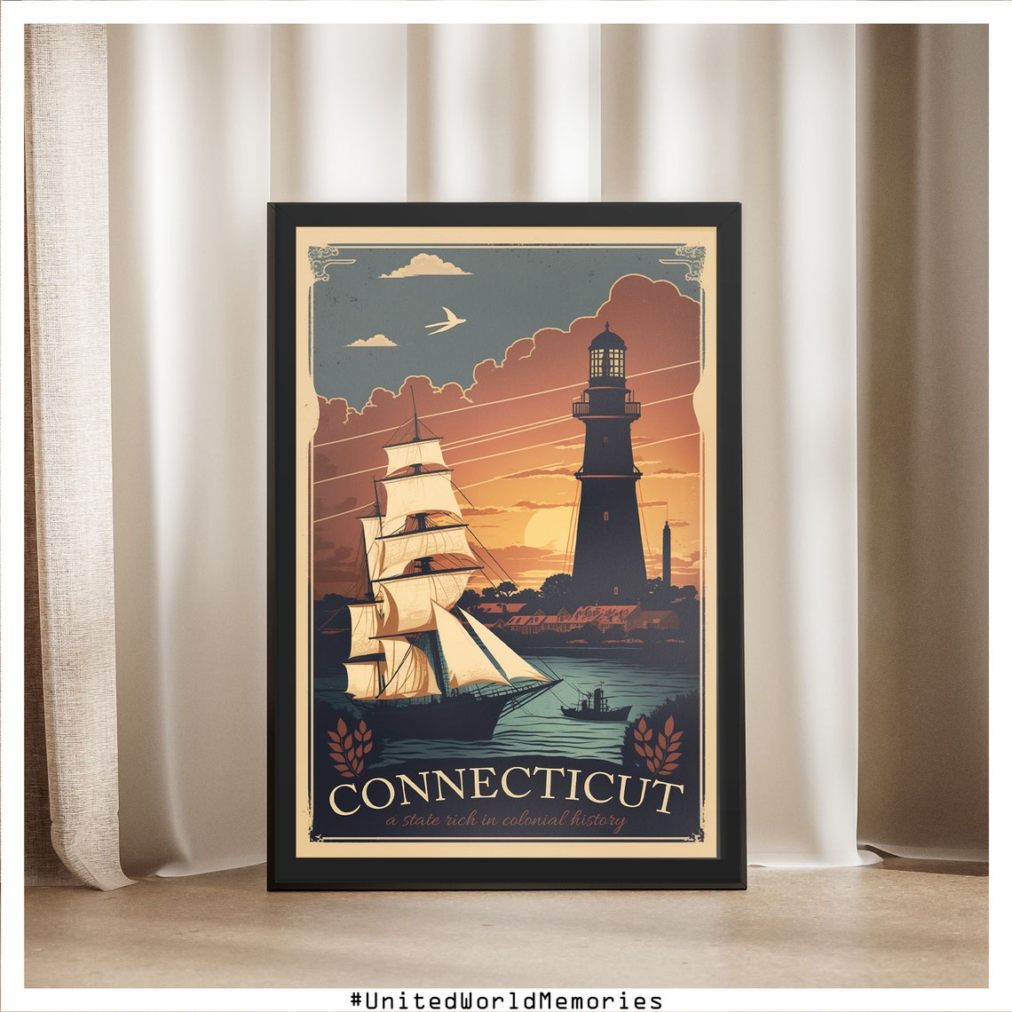 Connecticut Colonial History Tall Ship Lighthouse Sunset Poster - Image 5