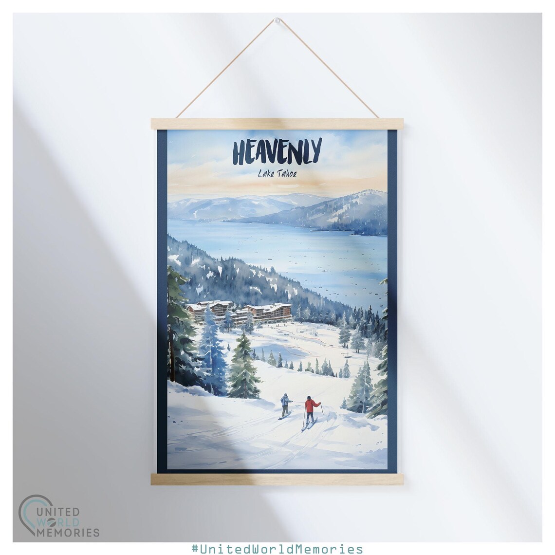 Heavenly Lake Tahoe Ski Village Watercolor Winter Scene Travel Poster - Image 5