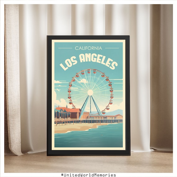 Los Angeles Santa Monica Pier Ferris Wheel Vintage Beach Retro Travel Poster