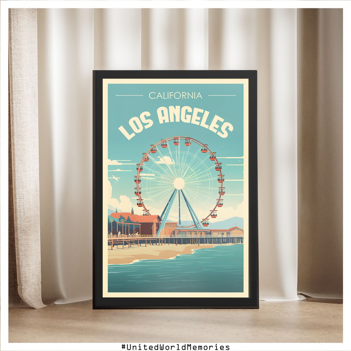 Los Angeles Santa Monica Pier Ferris Wheel Vintage Beach Retro Travel Poster