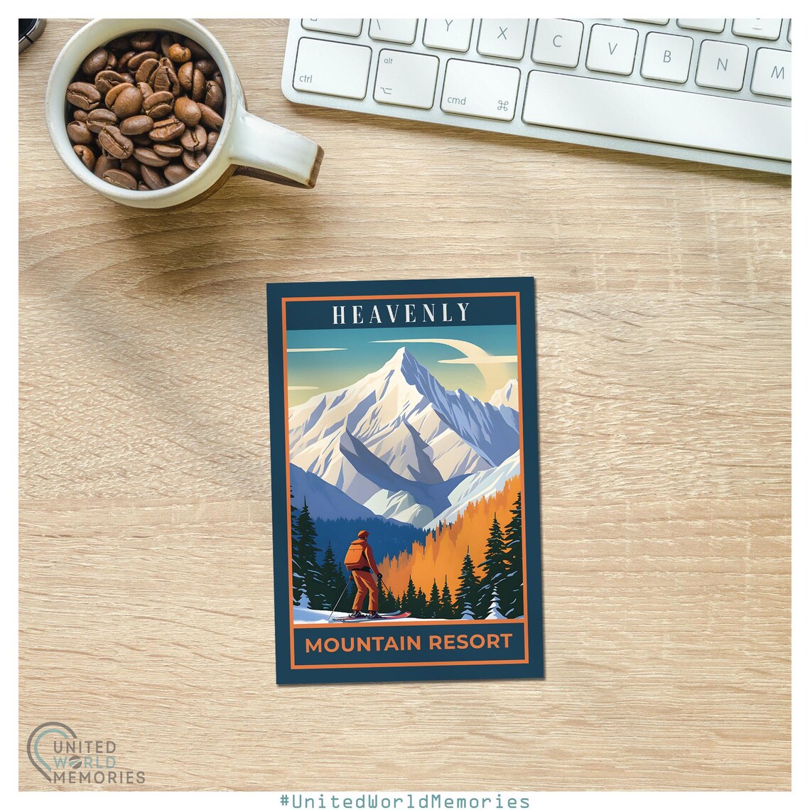 Heavenly Mountain Resort Skier Snowy Peak Alpine Orange Travel Poster - Image 2