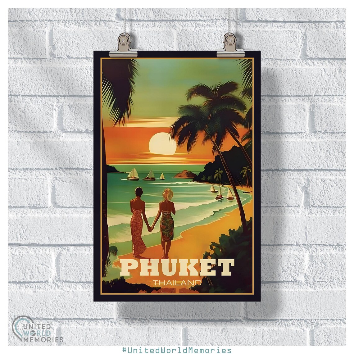 Phuket Thailand Sunset Beach Sailboats Retro Vintage Travel Poster