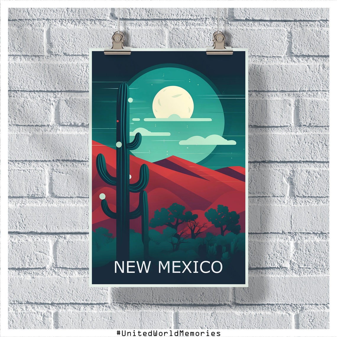 New Mexico Desert Moon Saguaro Cactus Retro Night Travel Poster
