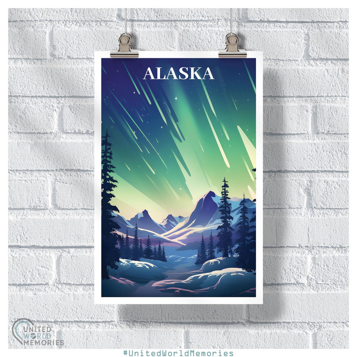 Alaska Northern Lights Snowy Pines Starry Night Sky Travel Poster