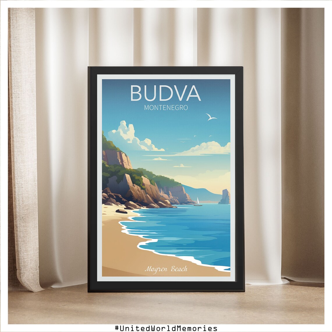 Budva Montenegro Mogren Beach Cliffs Blue Sea Vintage Travel Poster - Image 5