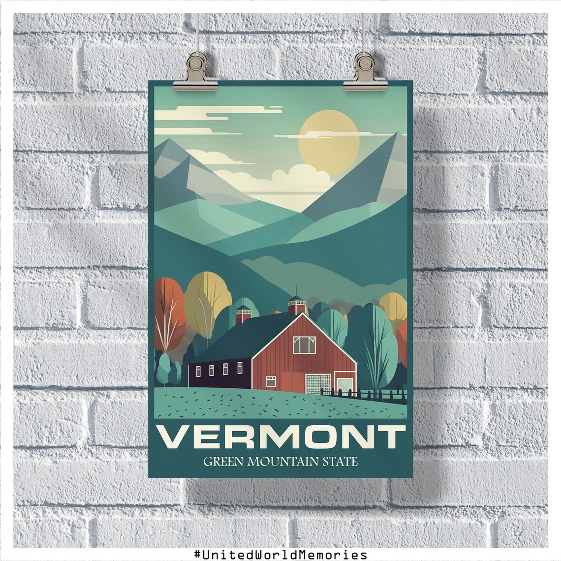 Vermont Green Mountain State Red Barn Pasture Vintage Travel Poster