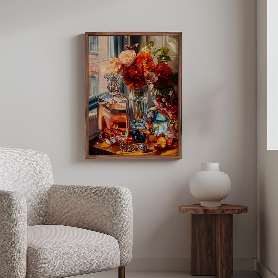 Sunlit Decanter with Orange Blooms and Fruit Still Life Poster - Image 2