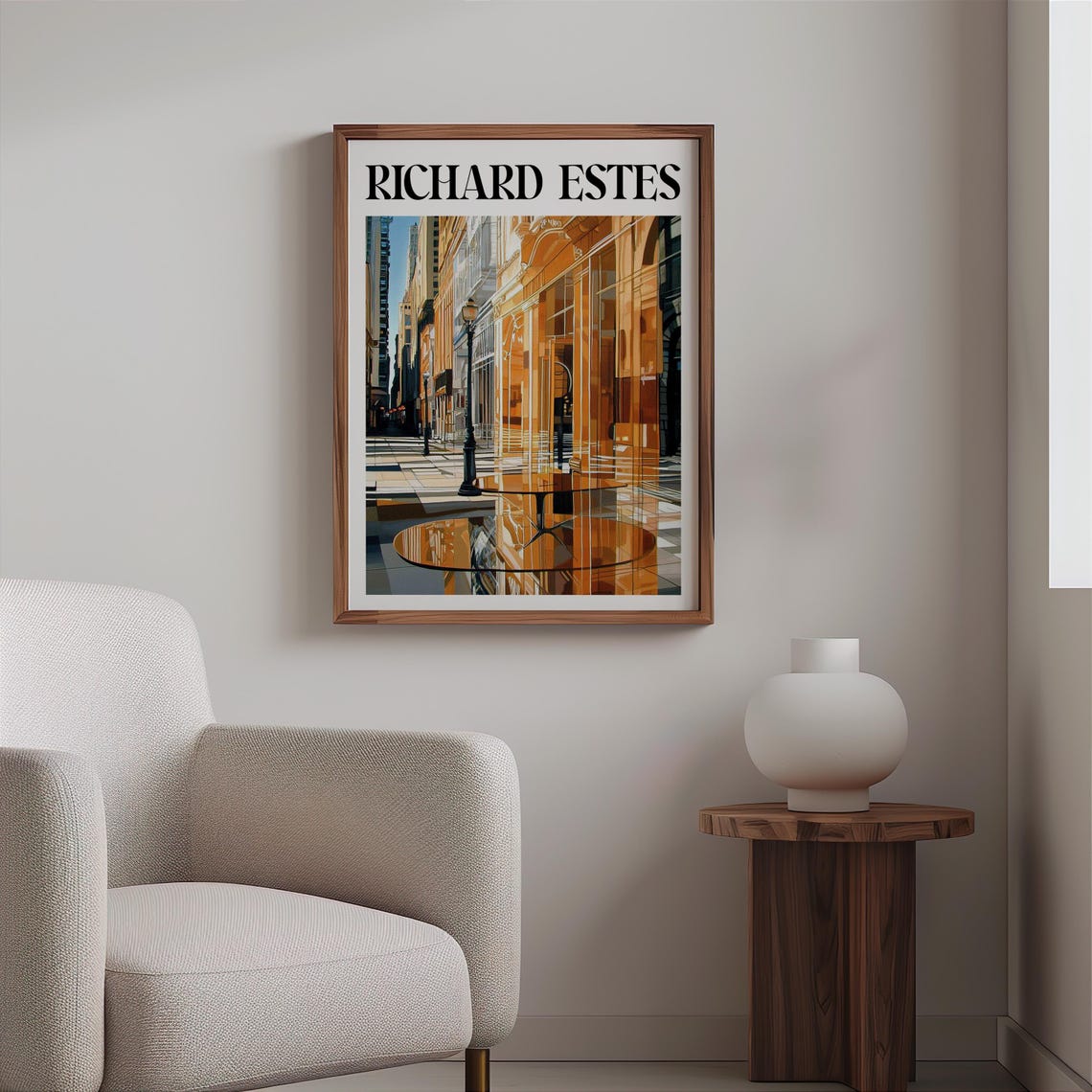 Richard Estes Inspired Golden Storefront Lamp Post Reflection Print - Image 2